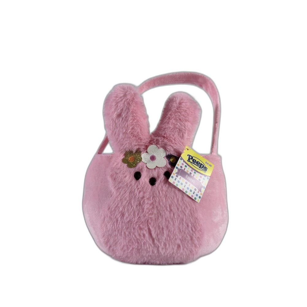 Peeps Pink Plush Bunny Easter Basket‎ Floral Faux Fur Treat Bucket NWT